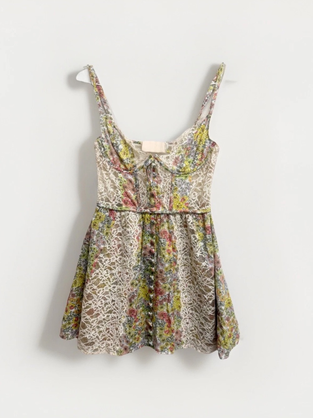For Love & Lemons Beige Lace Mini Dress with Pink, Yellow & Green Floral Print